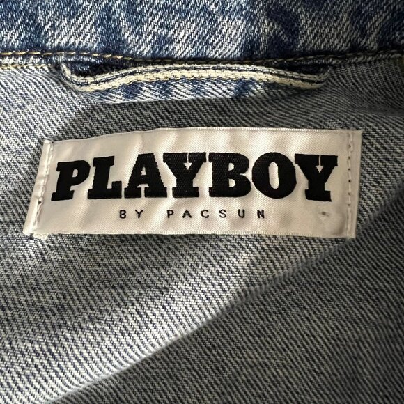 Y2K Playboy Bleach Bunny Denim Jean Trucker Jacket w/ Bunny Logos Size Small - Picture 2 of 8